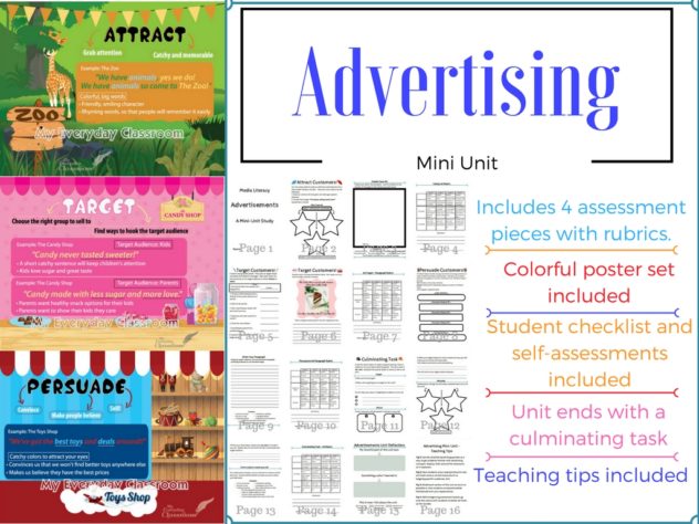 In this advertising unit, students will be asked to identify and create their own techniques in a series of wonderful activities. This unit includes graphic organizers, checklists, rubrics, teaching tips, self assessments and more. Also included is a colorful and engaging poster set about the purpose of advertisements.